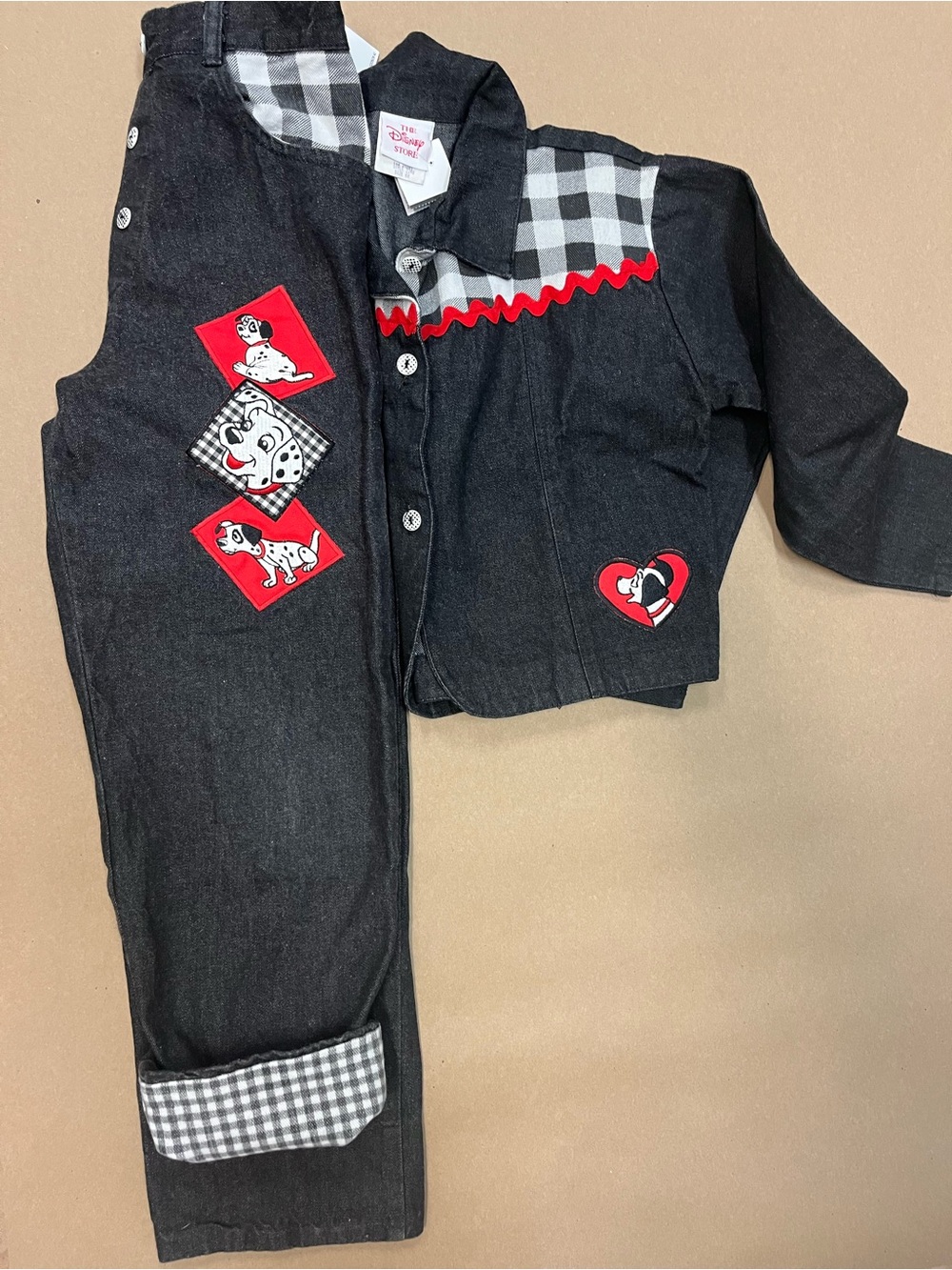 90s Disney Black 101 Dalmatians Two-Piece Denim Set with Red Accents